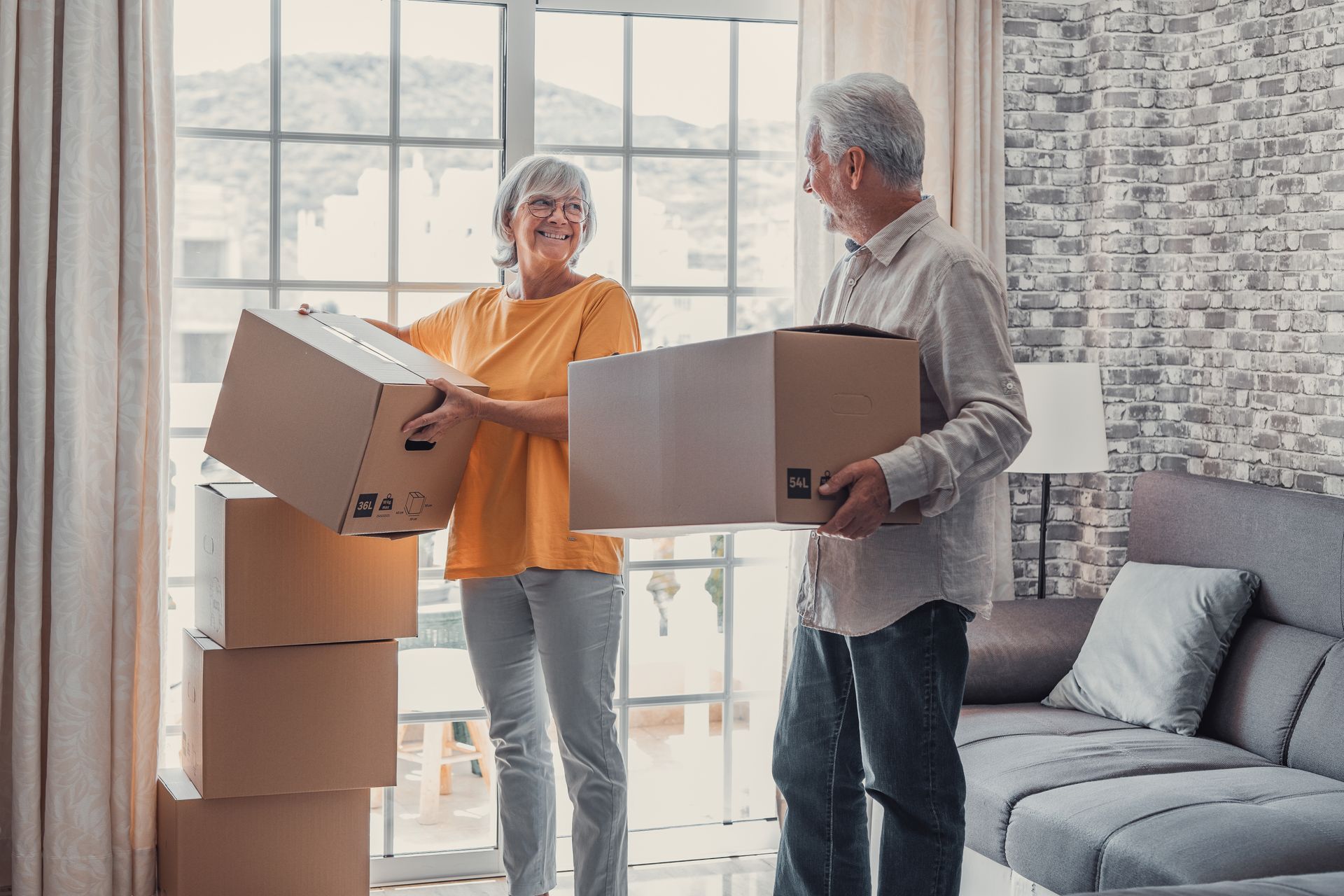 Elderly couple moving, holding boxes, smiling, in a brightly lit room near a window, with a couch.