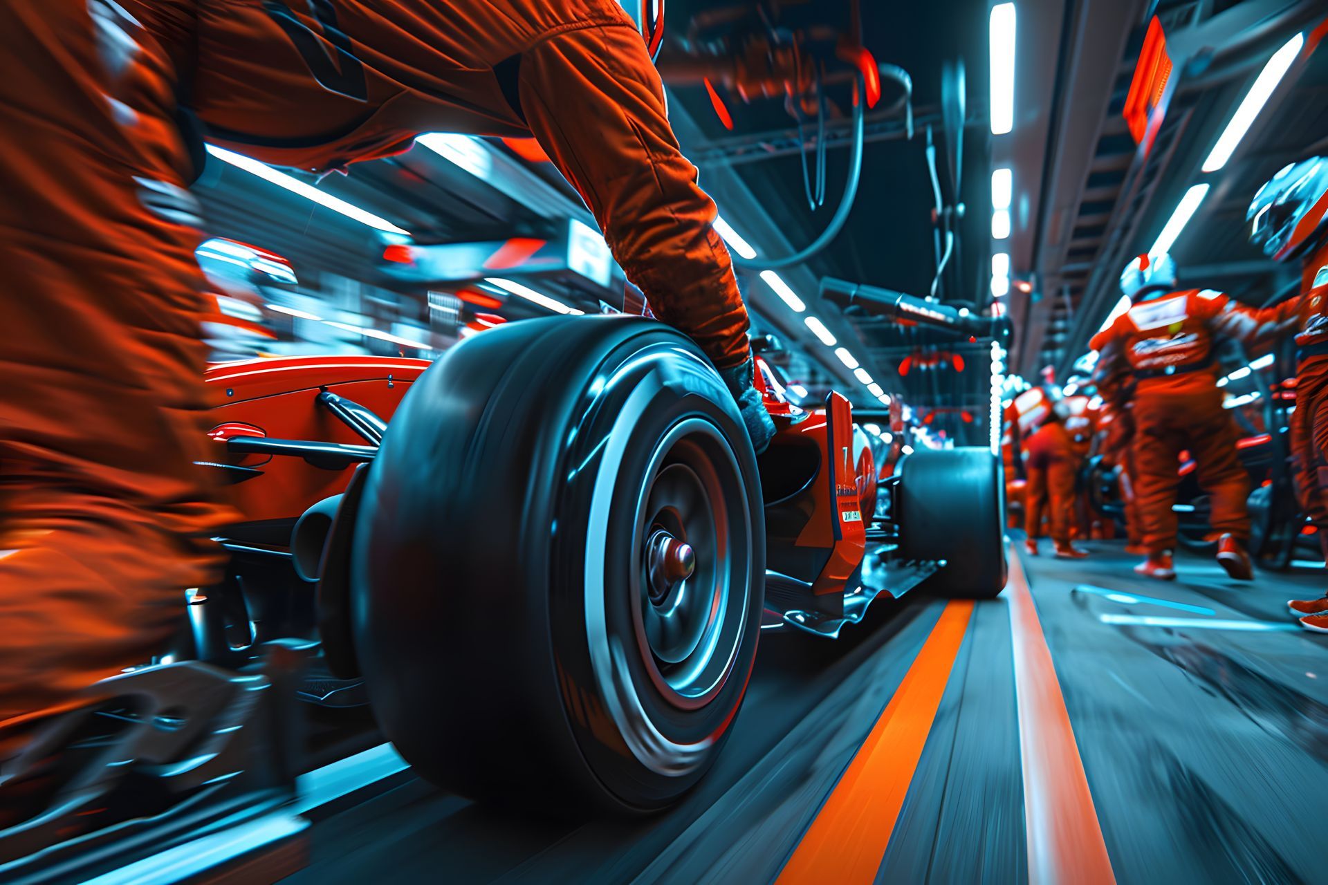 A man is working on a race car in a garage.