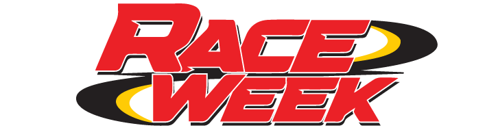 A red and yellow race week logo on a white background
