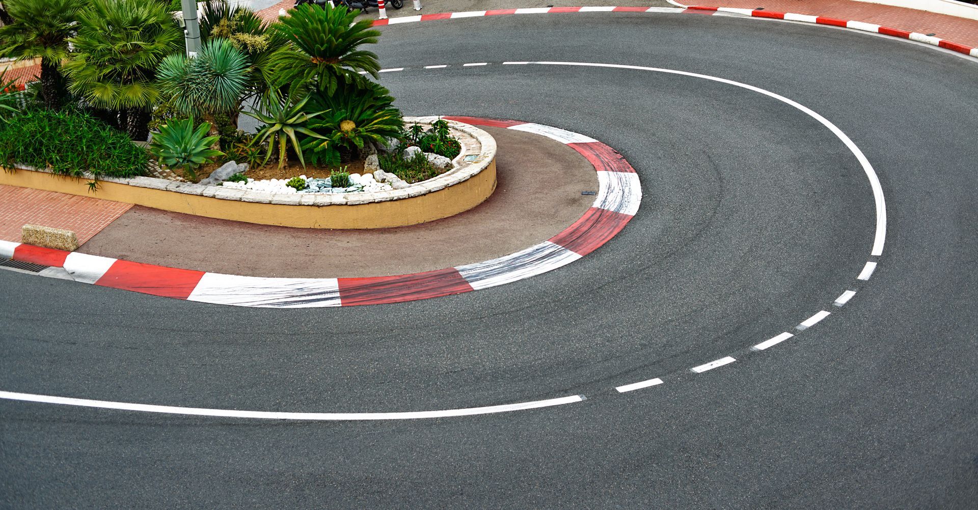 A curvy road with a white line on it