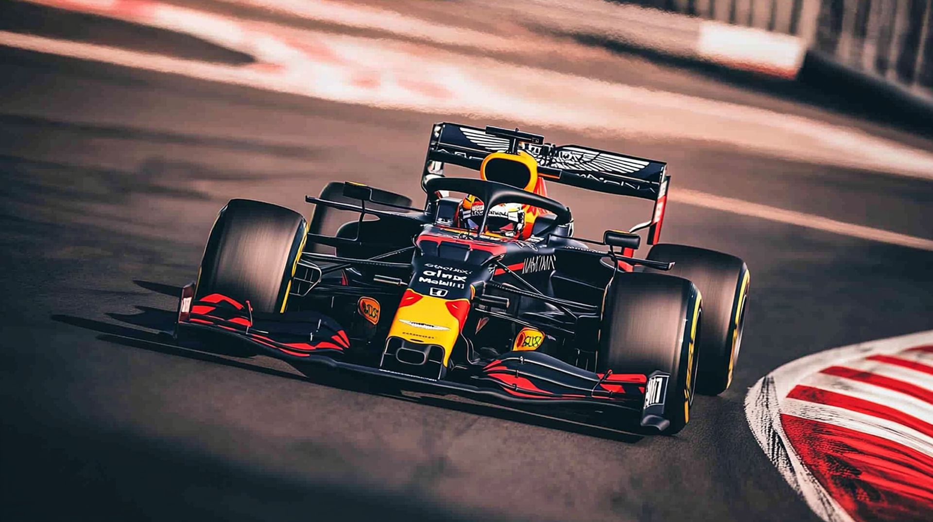 A red bull race car is driving down a race track.