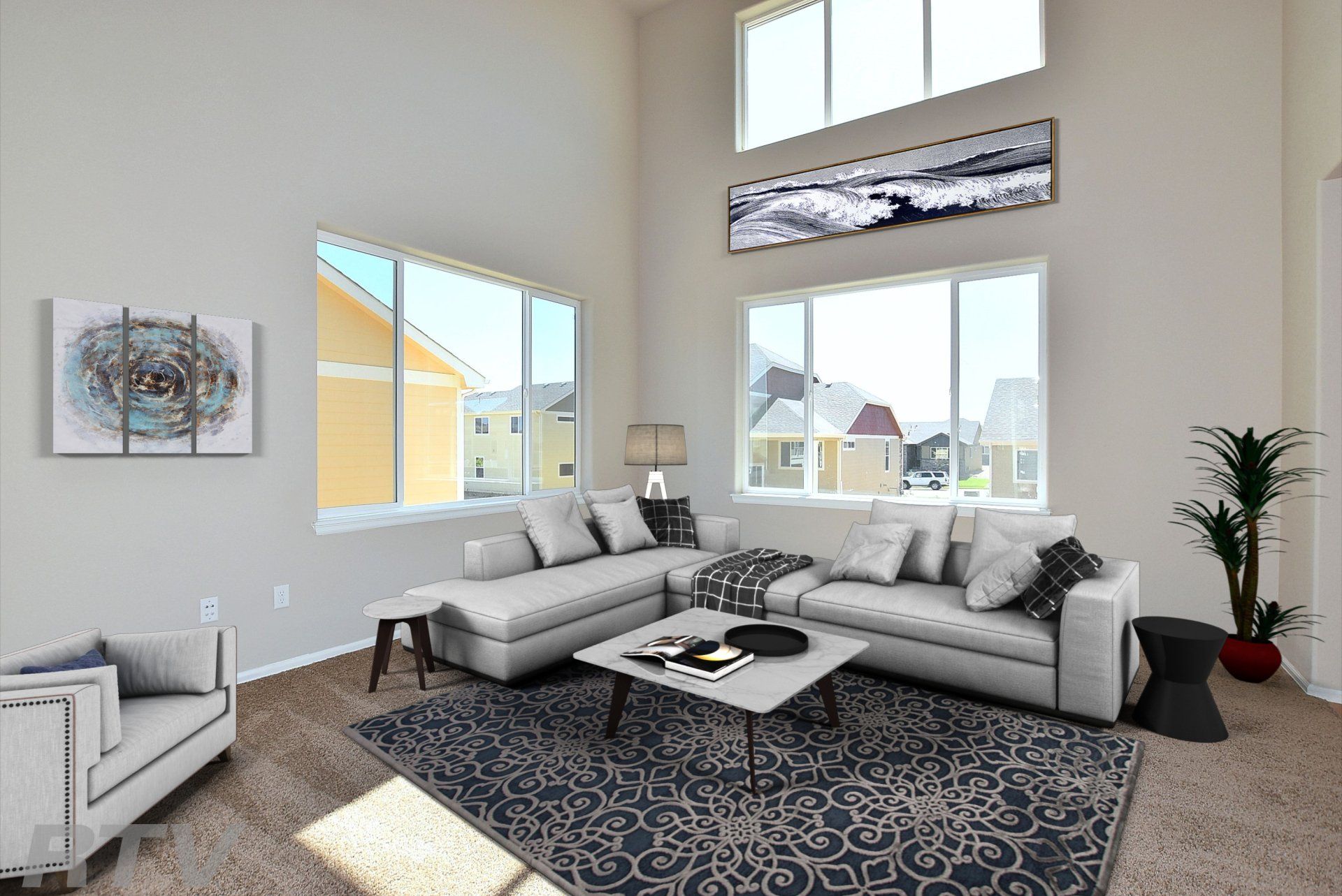 The Saratoga living room with windows