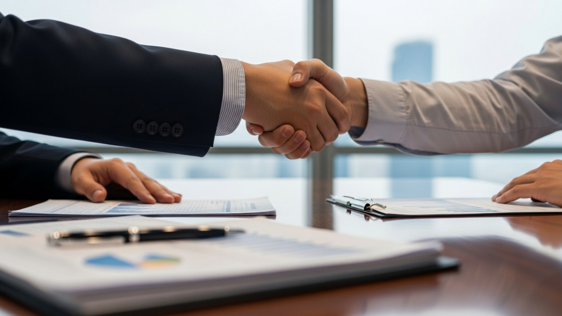 Two people in business attire shaking hands over documents, by a window.
