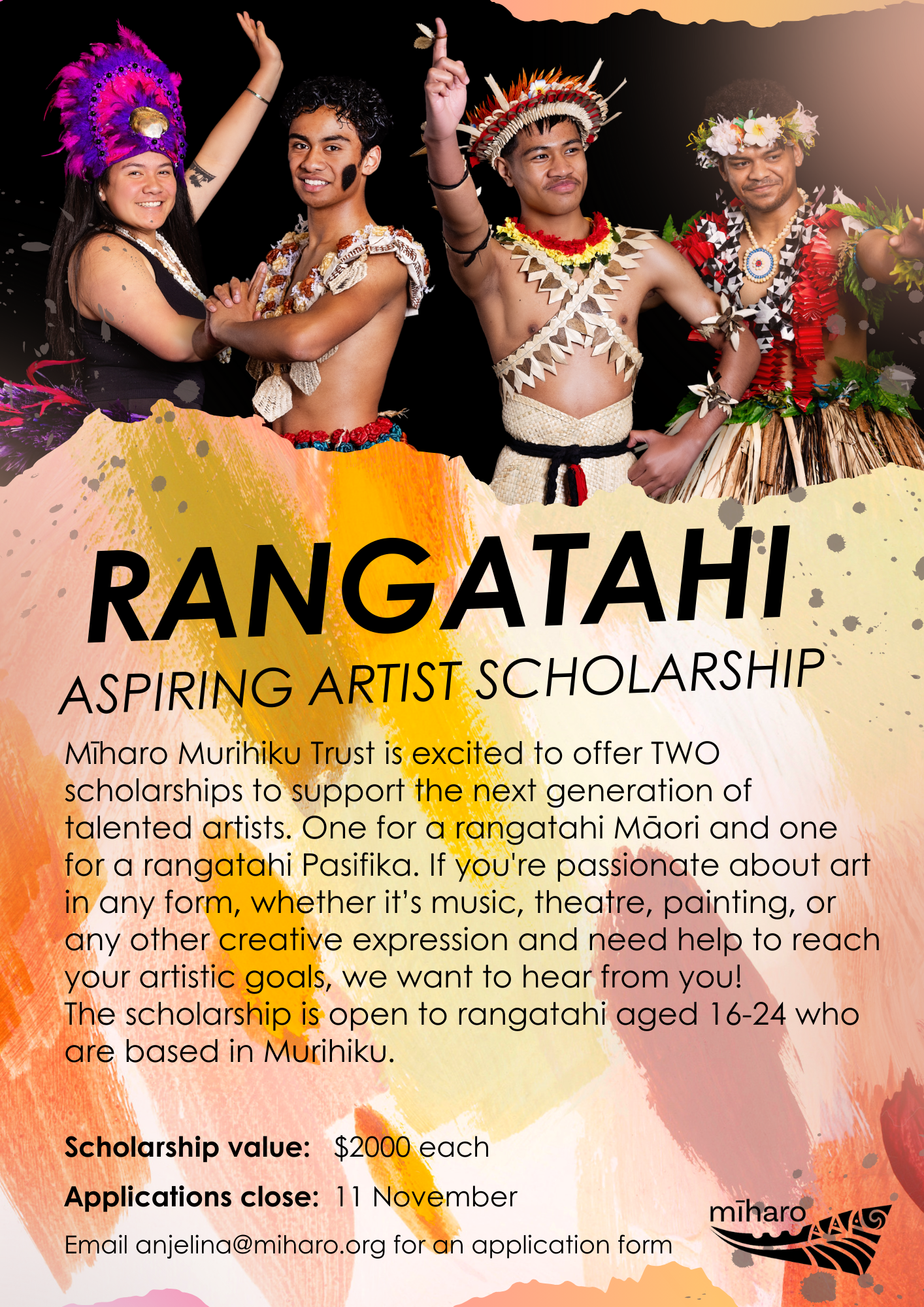 A poster for a rangatahi aspiring artist scholarship