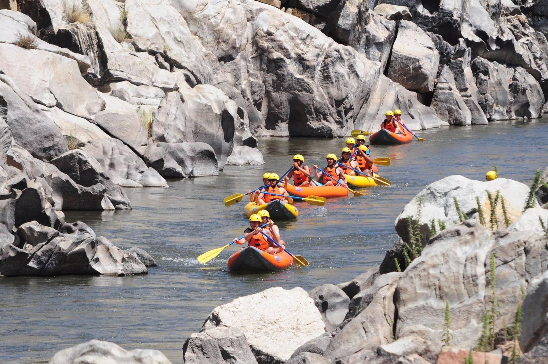 A group of people are rafting down a river.