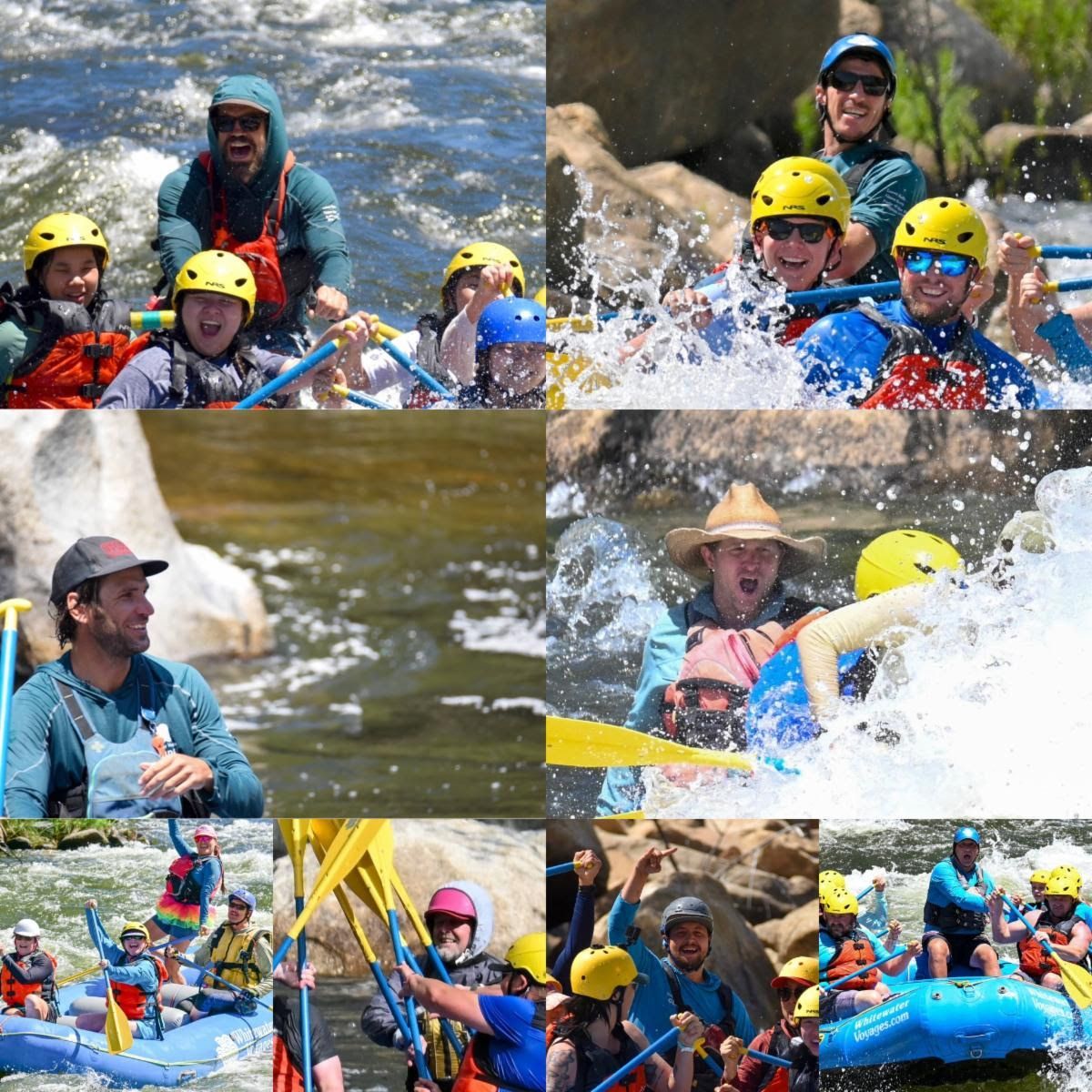 People in rafts navigating rapids, wearing helmets, laughing, and enjoying the water.