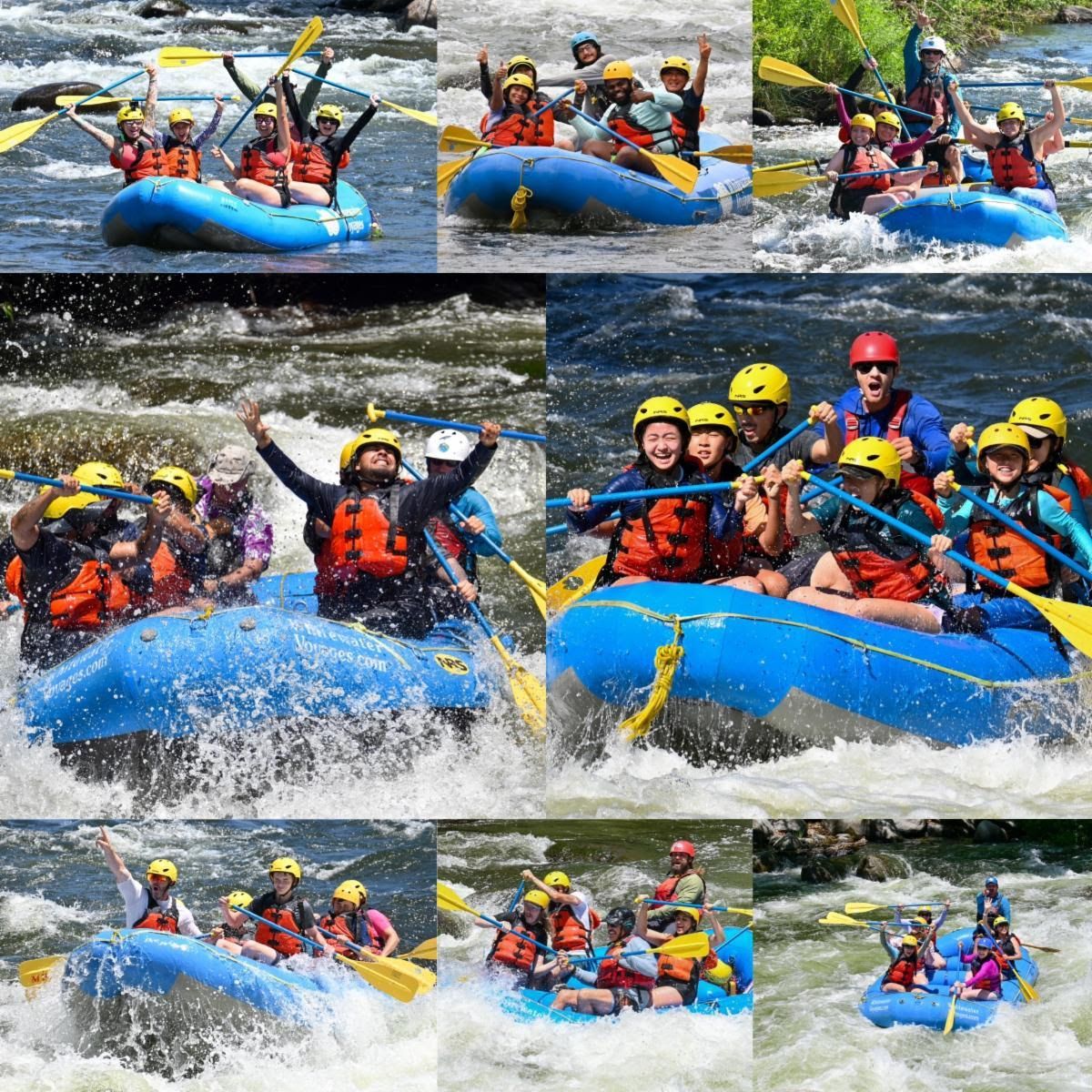 People white water rafting in blue rafts on a river; people wearing helmets and life vests.