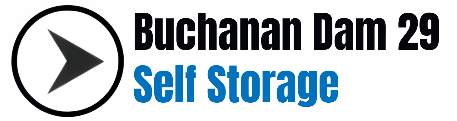 A logo for Buchanan Dam 29 Self Storage. Features an arrow in a circle and text.
