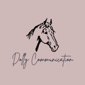 Dolly Communication logo with a sketcch of a horses head and the company name on a single coloured background. 
