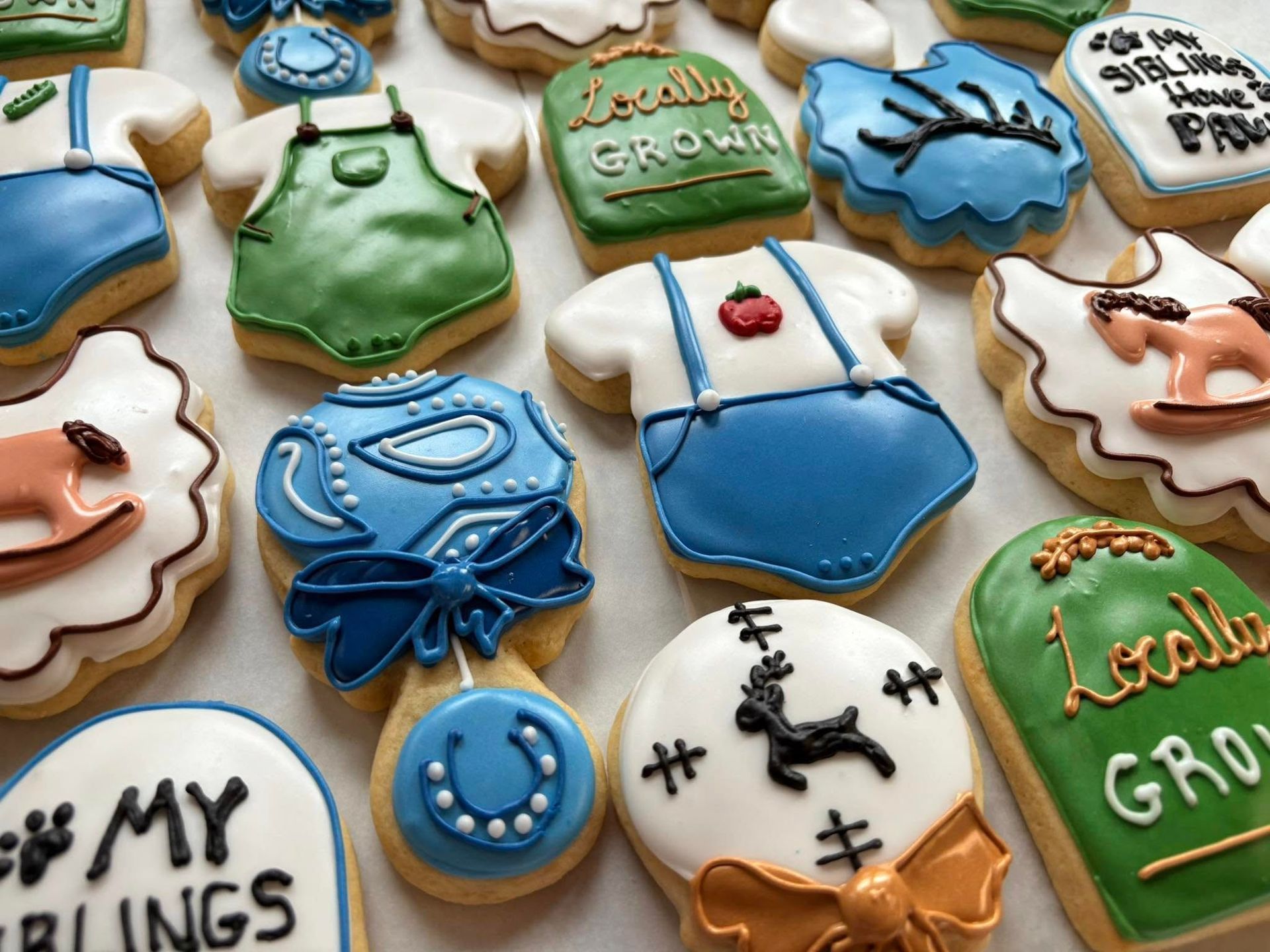 Decorated sugar cookies in shapes of baby clothes, toys, and text. Various colors, white icing.