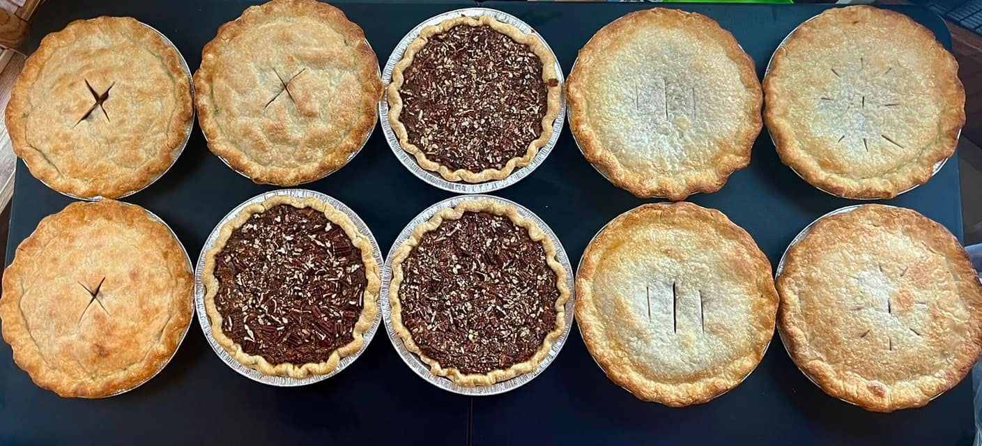 Ten baked pies of varying types are displayed on a dark surface.