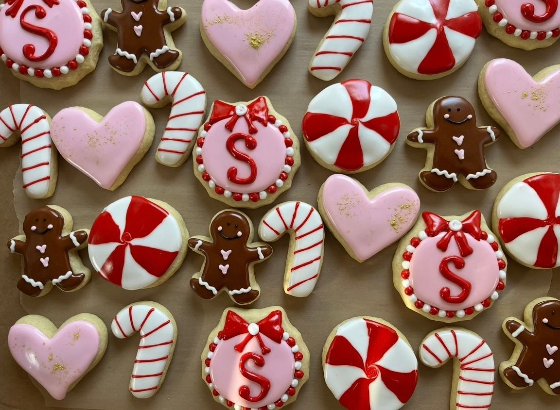 Christmas cookies: gingerbread men, candy canes, hearts, and peppermint rounds with pink and red frosting.