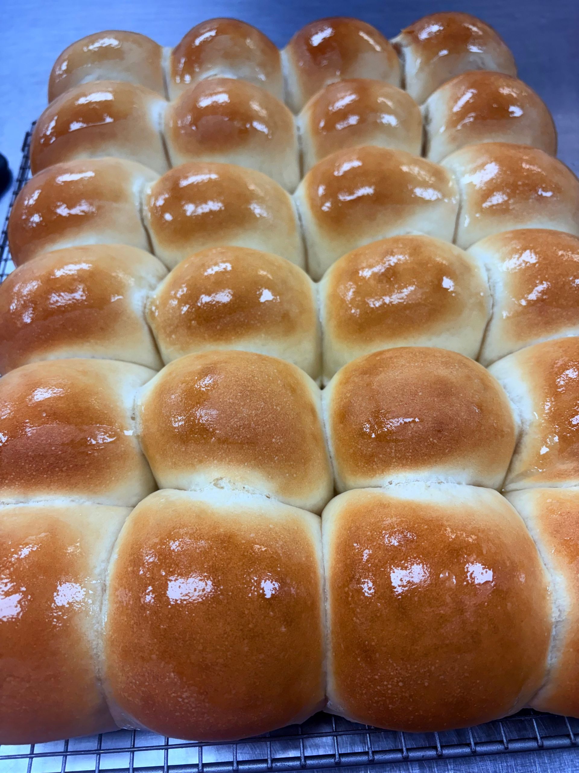 Rows of golden brown dinner rolls, glazed and fresh from the oven, cooling on a rack.