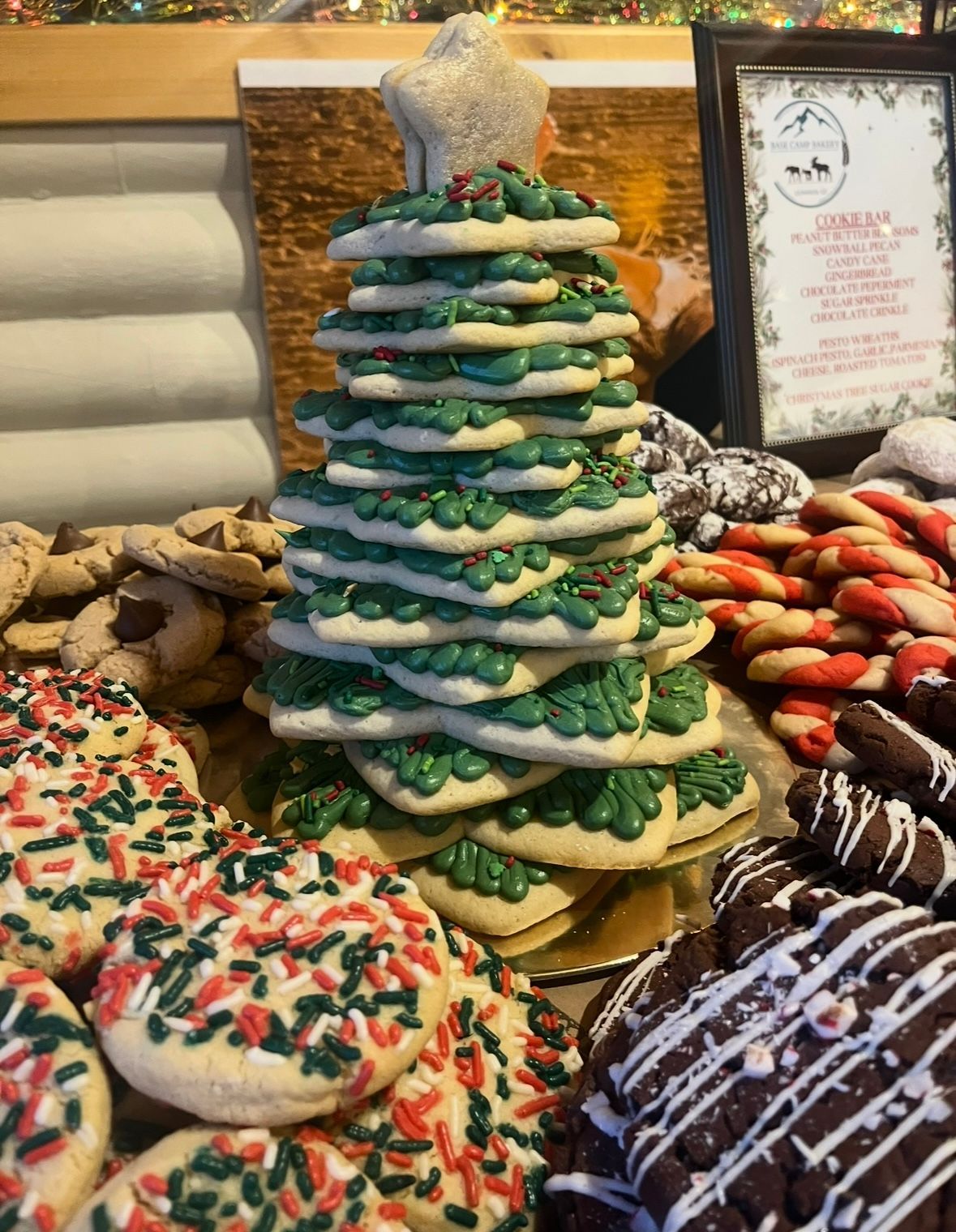 Cookies in cellophane packaging: chocolate crinkles, white-dipped with holly, and crumble-topped.