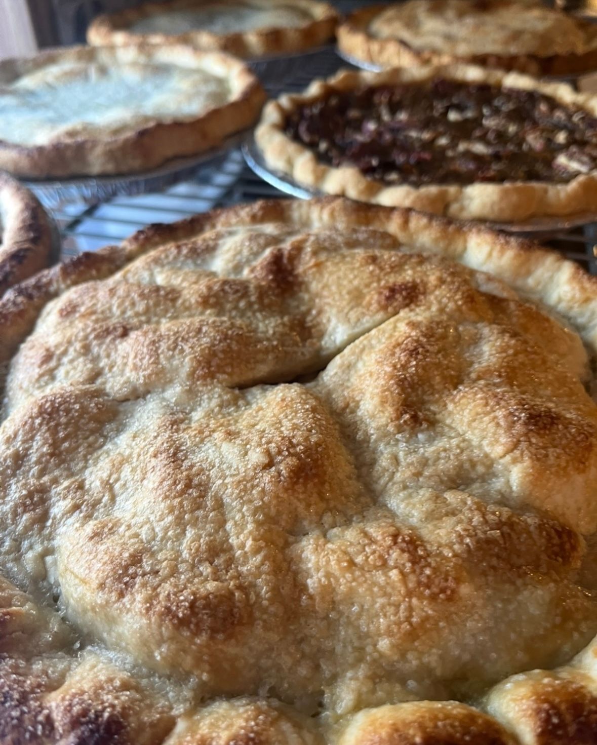 Close-up of a golden-brown pie crust with a fluted edge; several other pies in the background.