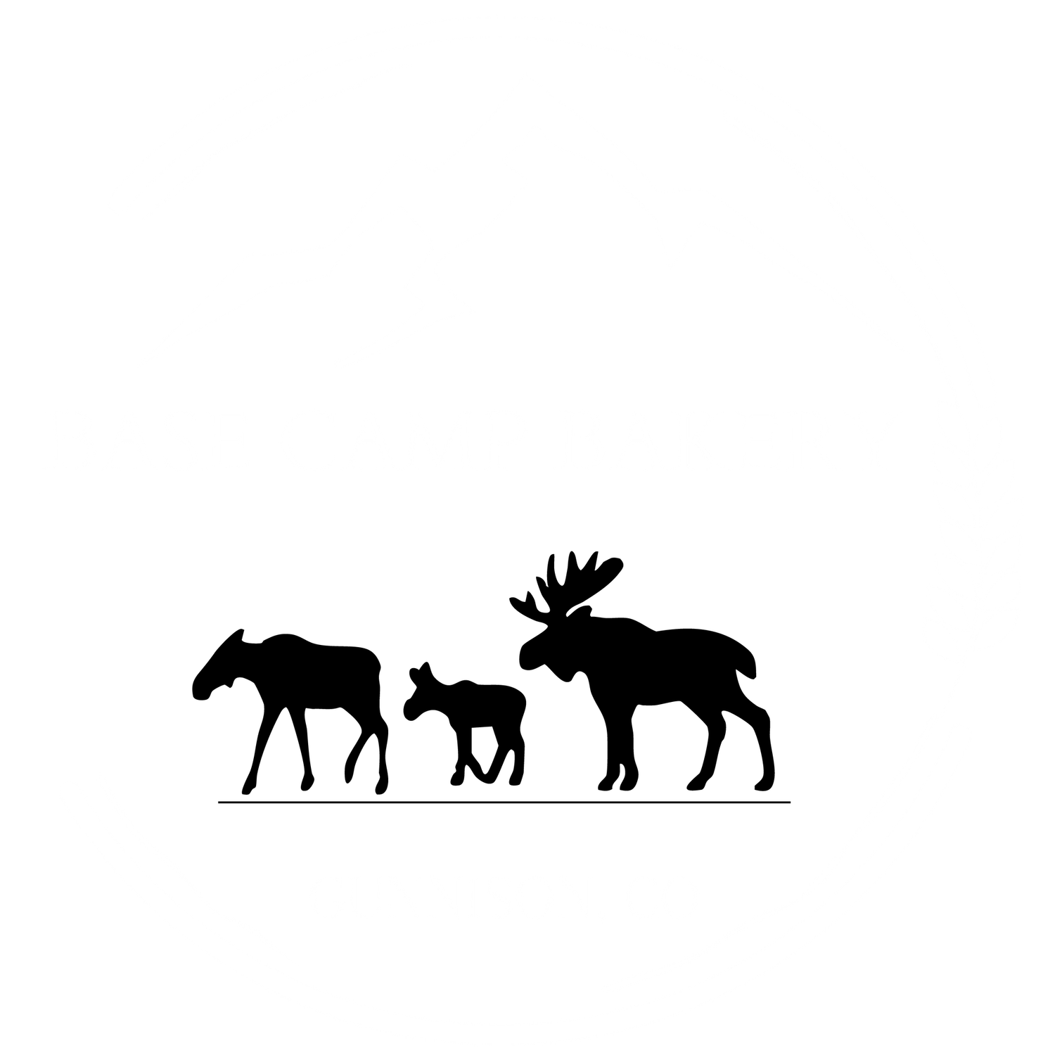 Silhouettes of three moose walking on a line; an adult, a calf, and a second adult with antlers.