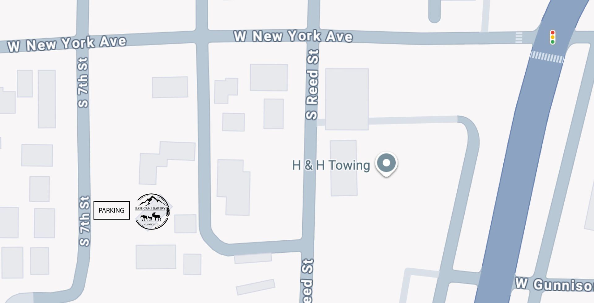 Map showing the location of a business: H&M Towing. Streets include W New York Ave and Elwood St.