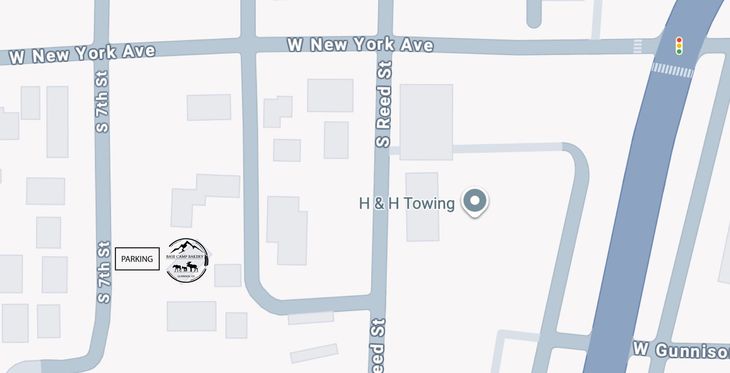 Map showing the location of a business: H&M Towing. Streets include W New York Ave and Elwood St.