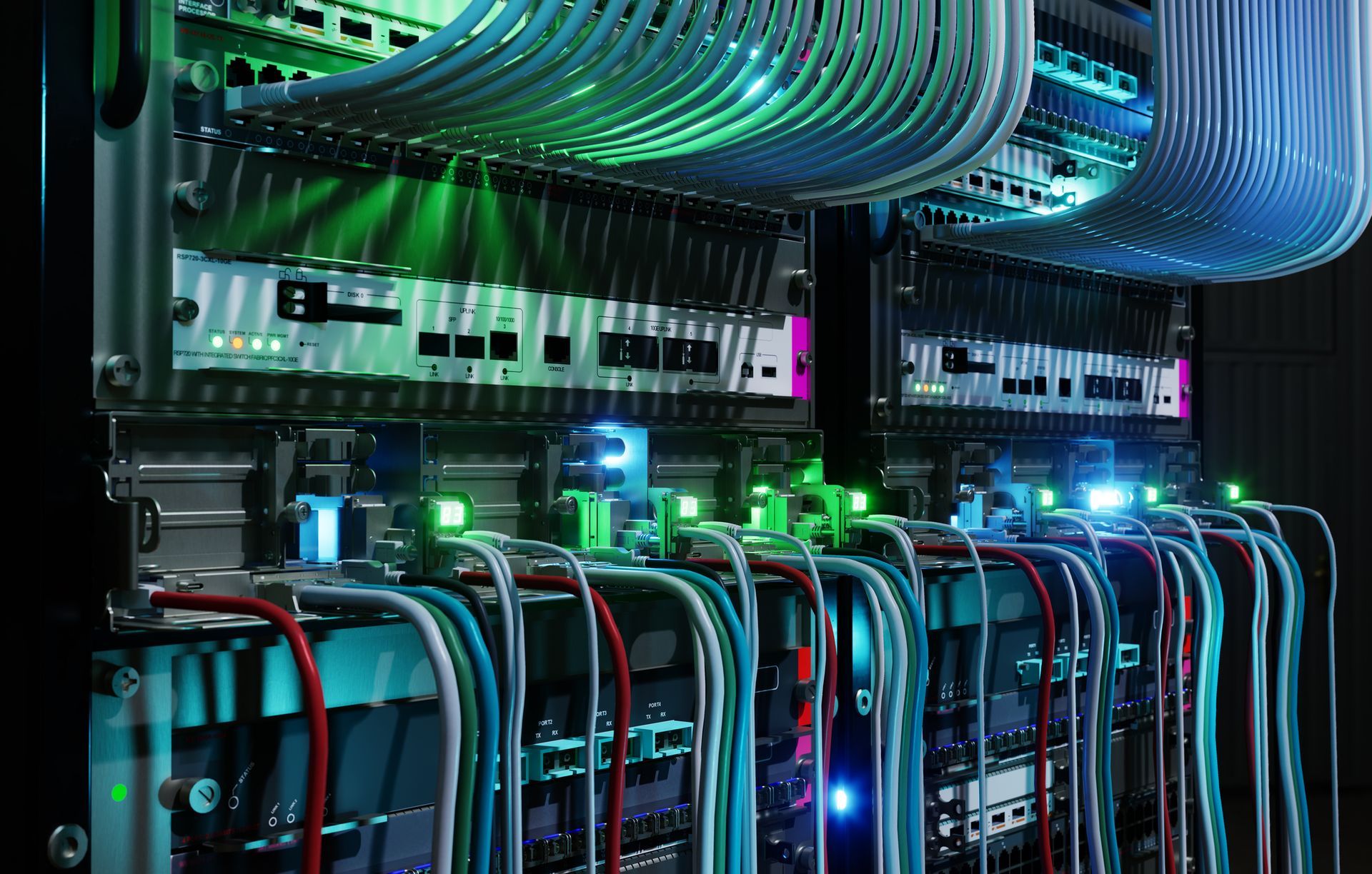 Server racks with numerous cables and blinking lights, illuminated in green and blue.