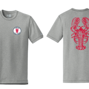 Gray t-shirt with a red lobster design on the back and a small lobster logo on the front.