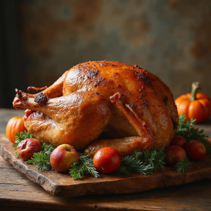 Roasted turkey on a wooden board with apples, greenery, and a pumpkin.