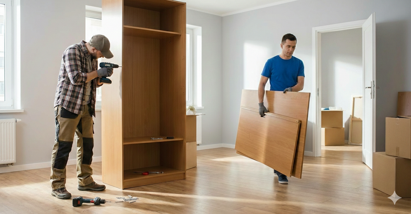 Due persone montano un armadio in una stanza vuota: una usa un trapano e l'altra trasporta un pannello.
