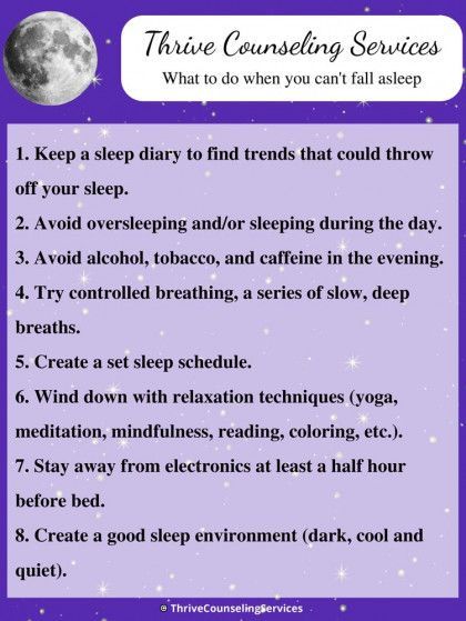 Infographic: Tips for falling asleep. Includes: keep diary, avoid substances, breathing, set schedule, relaxation, no electronics, good sleep environment.