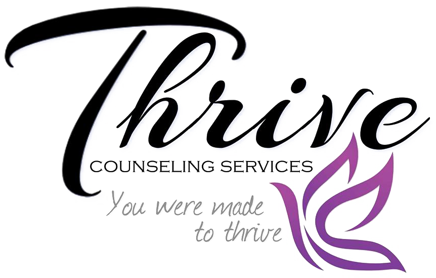 Logo for Thrive Counseling Services with script text "Thrive" above "Counseling Services" and butterfly icon.