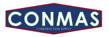 A blue and red logo for conmas construction supply