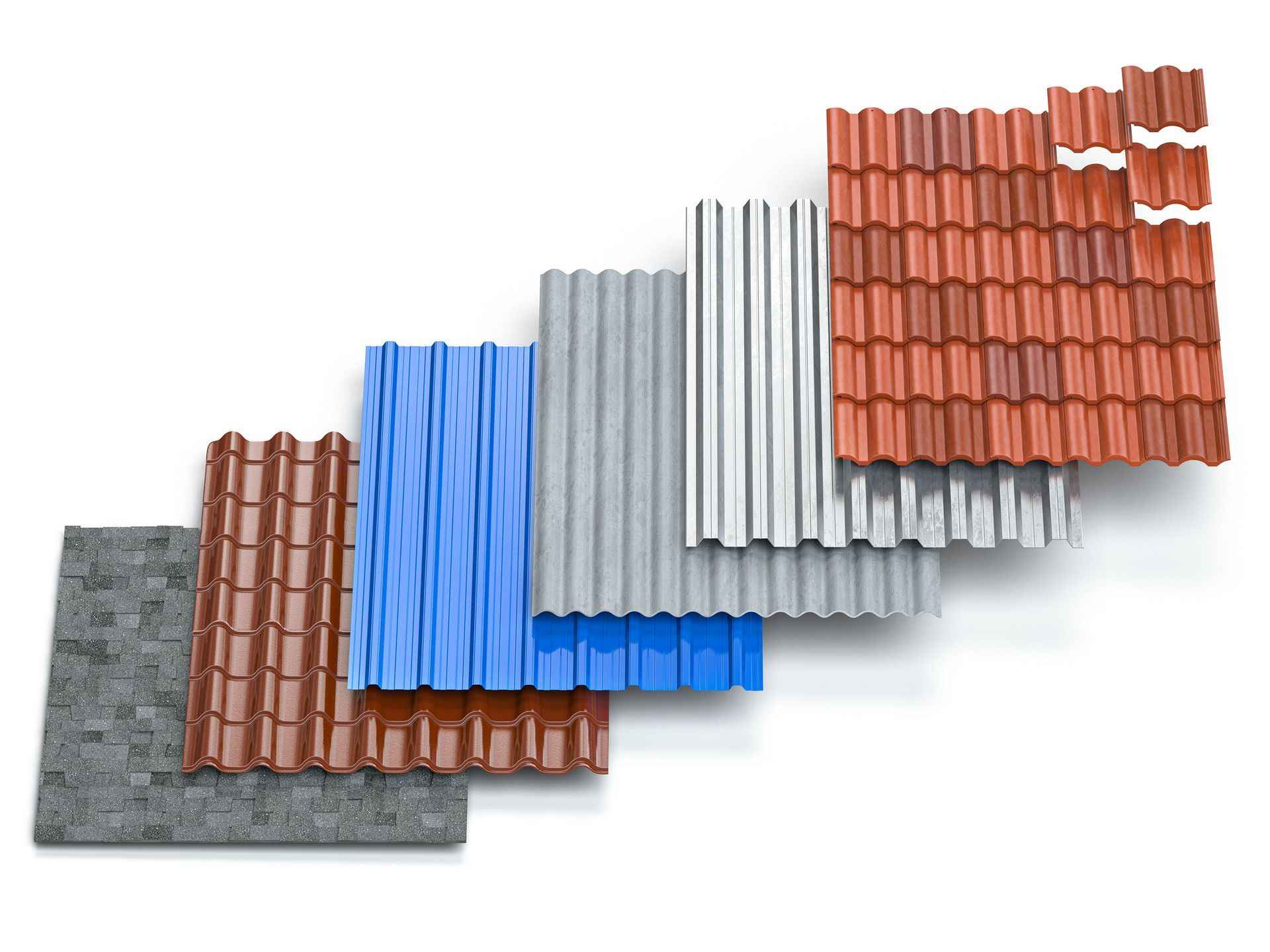 A stack of different types of roofing materials on a white background.
