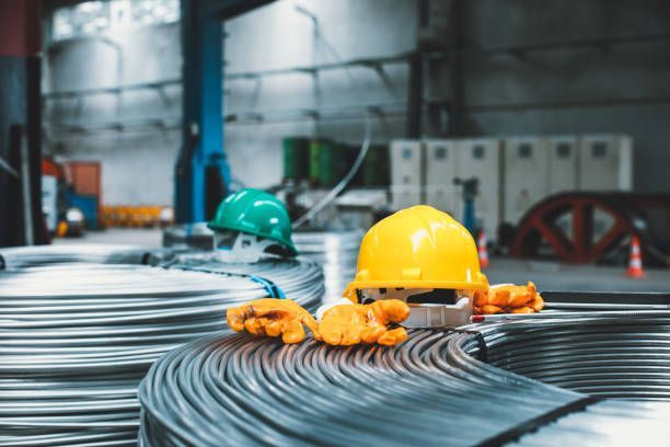 A yellow hard hat and gloves are sitting on top of a roll of wire.