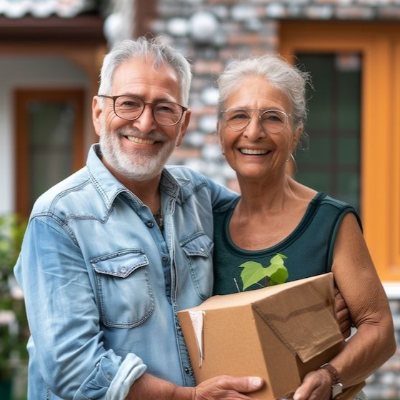 Smiling older couple holding a box, standing in front of a house.