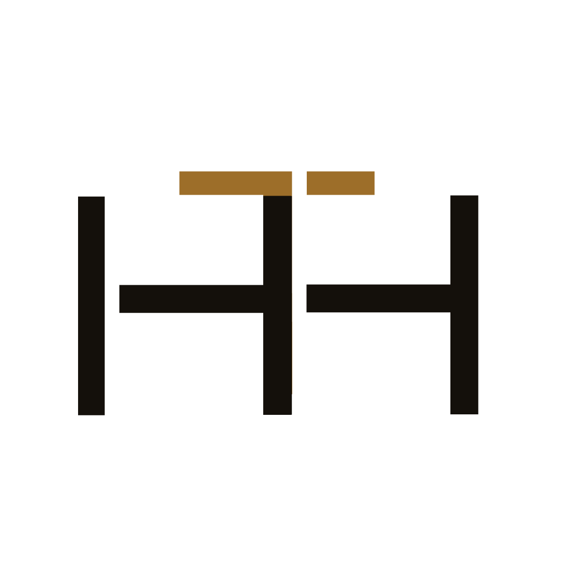 A black and gold logo with the letter h on a white background