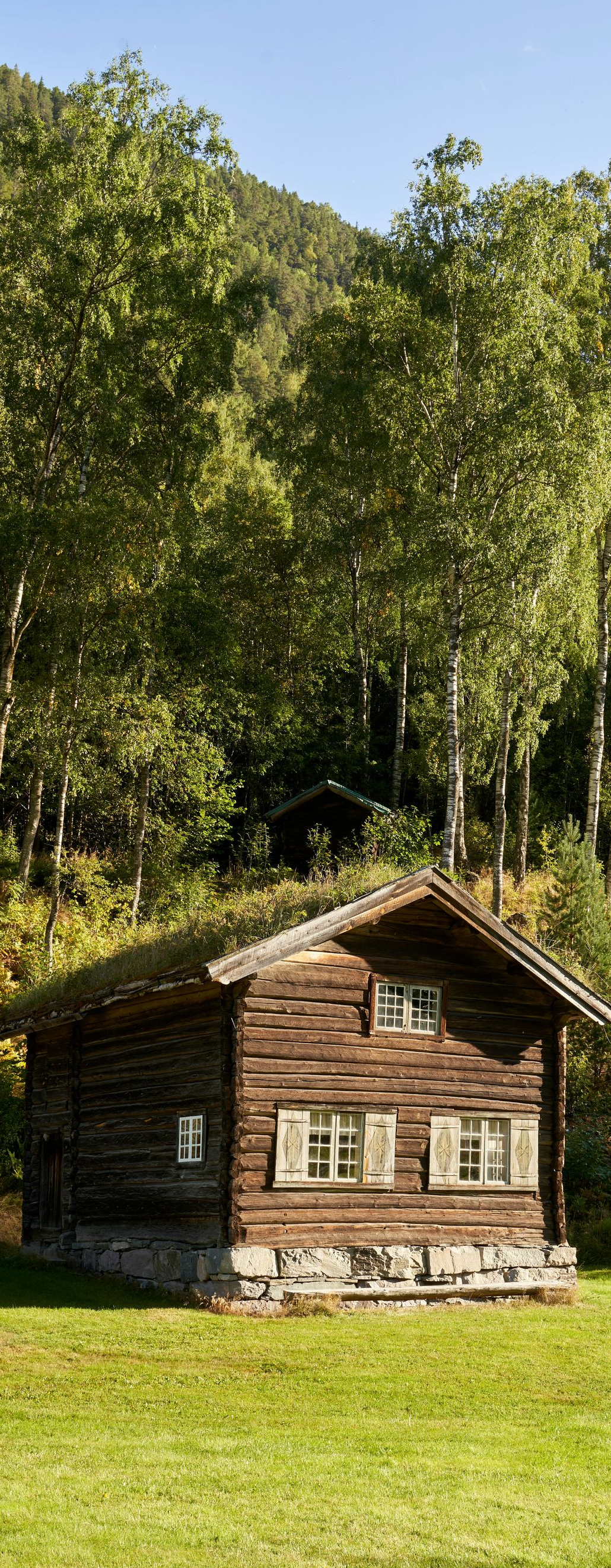 A small, dark wooden cabin with a grass roof sits on a green lawn in front of a forest and mountain slope.