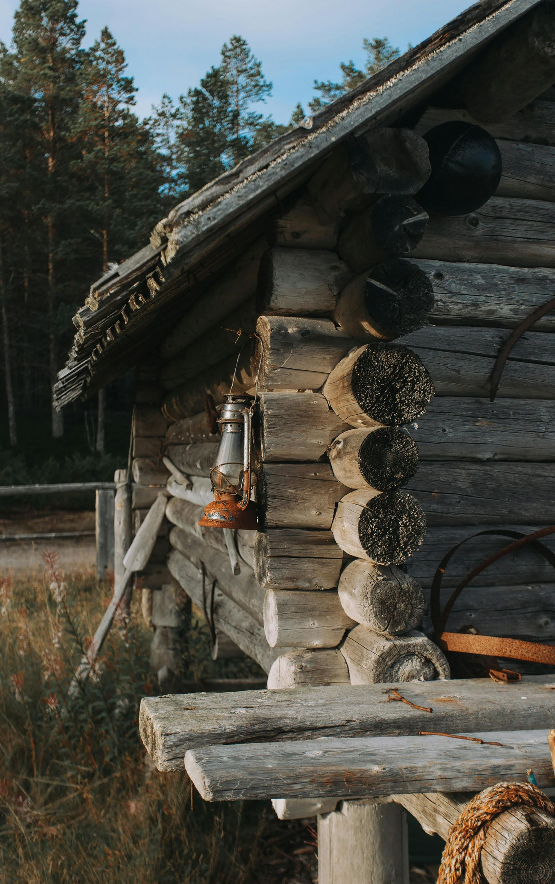 A weathered wooden log cabin sits in a grassy field with a forest in the background and a vintage lantern hanging outside.