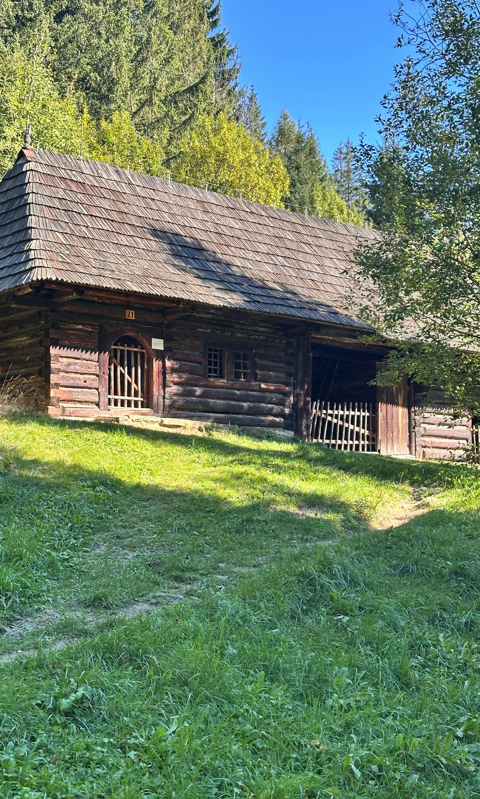 An old rustic log cabin with a dark shingled roof sits on a grassy hillside surrounded by trees.