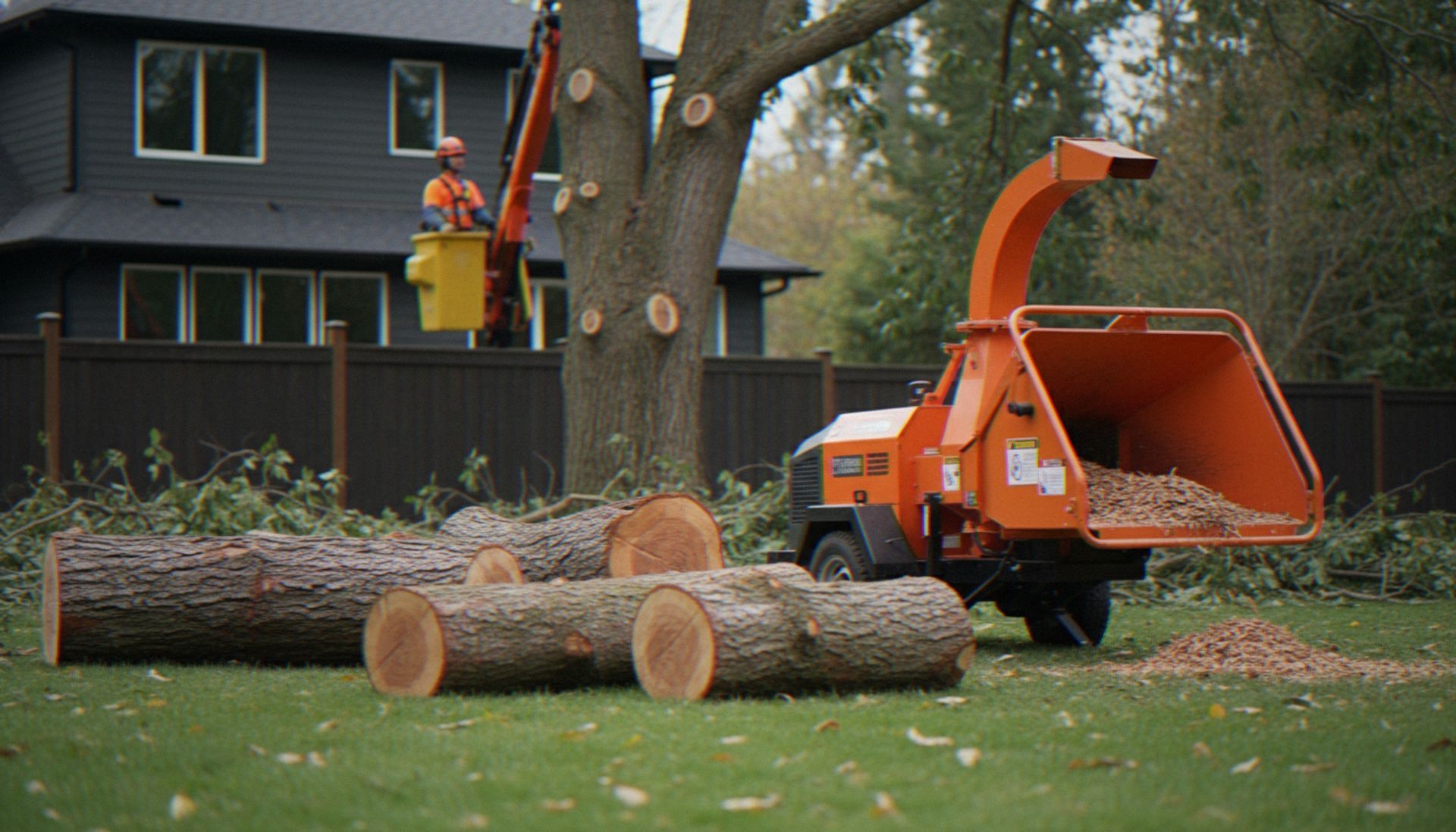 Worker using an orange wood chipper beside cut logs in a yard Worker using an orange wood chipper beside cut logs in a yard