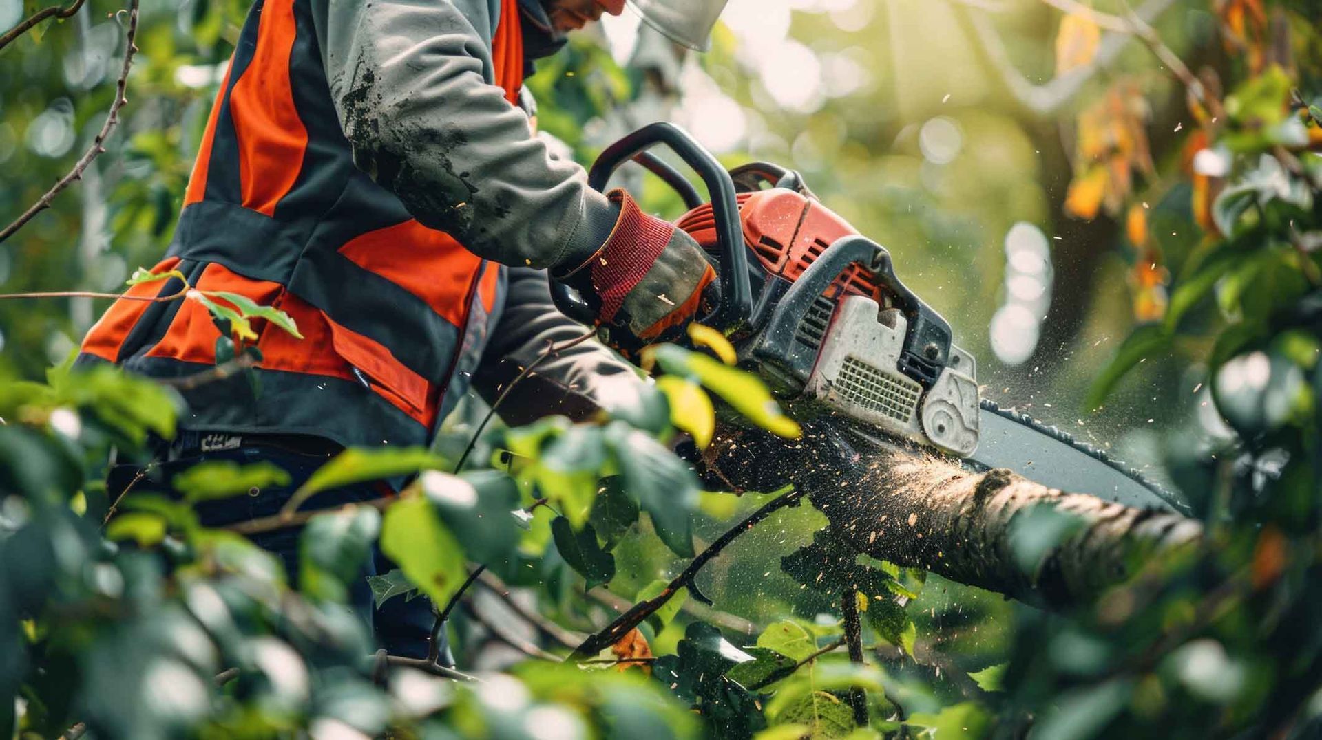 Worker in orange safety vest using a chainsaw to cut a tree branch in dense green foliage. Worker in orange safety vest using a chainsaw to cut a tree branch in dense green foliage.