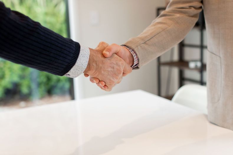 Two men shaking hands in business suits. 