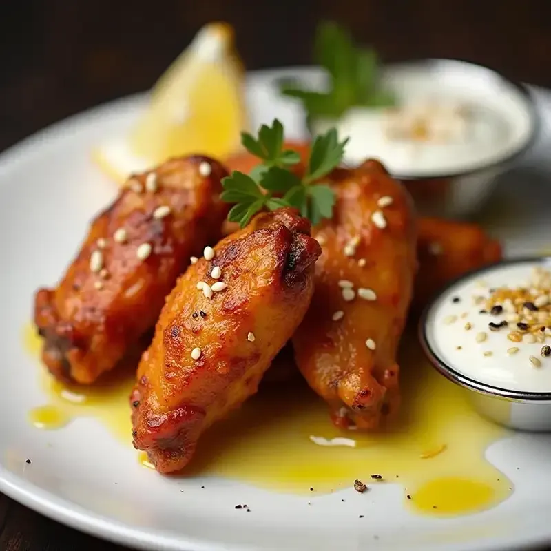 Happy Hour Appetizers - Spicy peri-peri chicken wings with tzatziki sauce