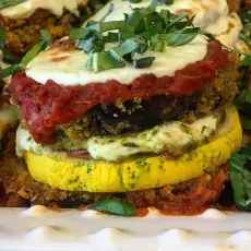 Eggplant parmesan stacks on a plate