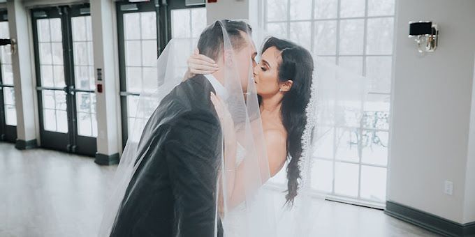 A bride and groom are kissing under a veil in a room.