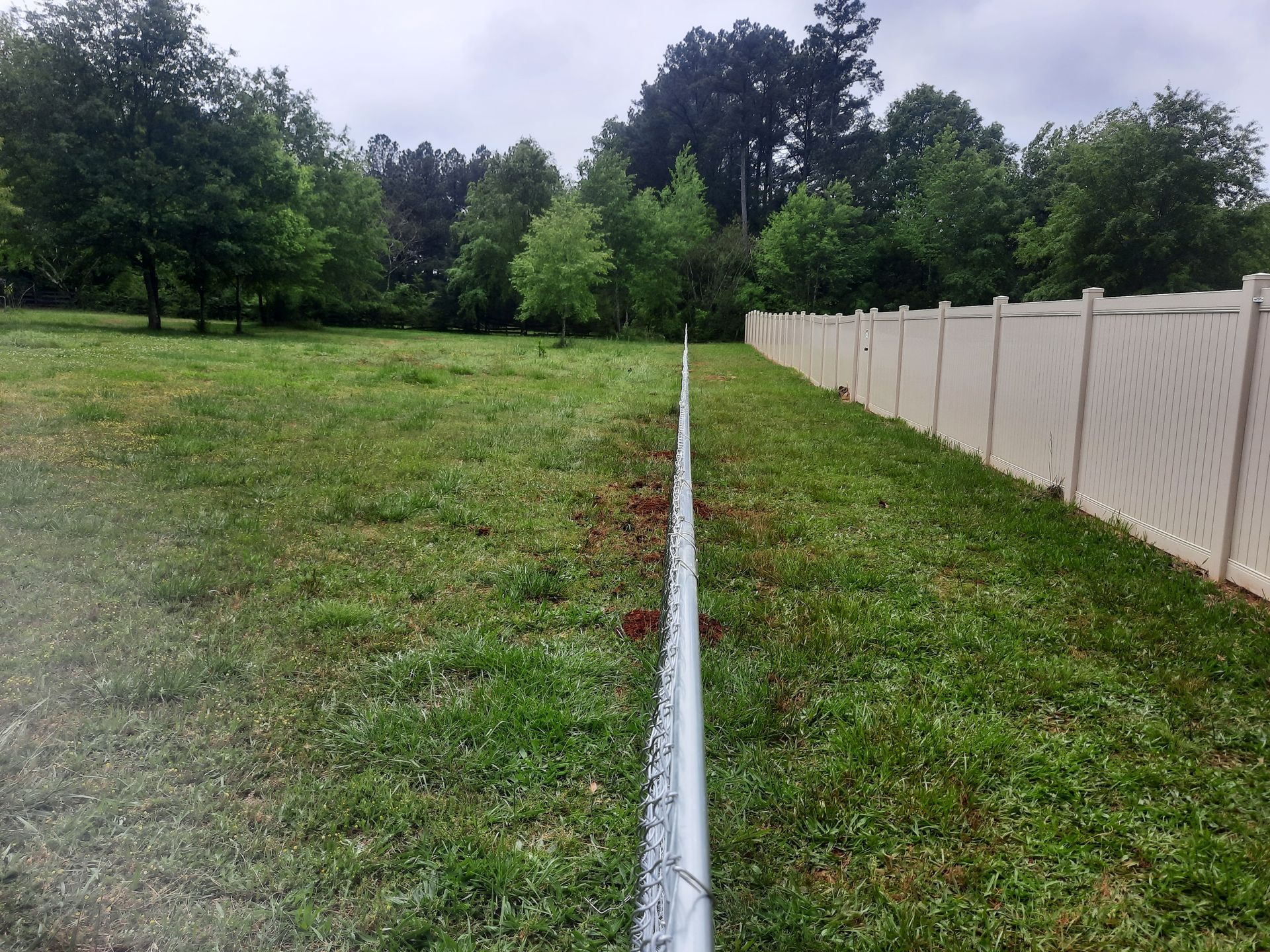 A white fence surrounds a grassy field with trees in the background
