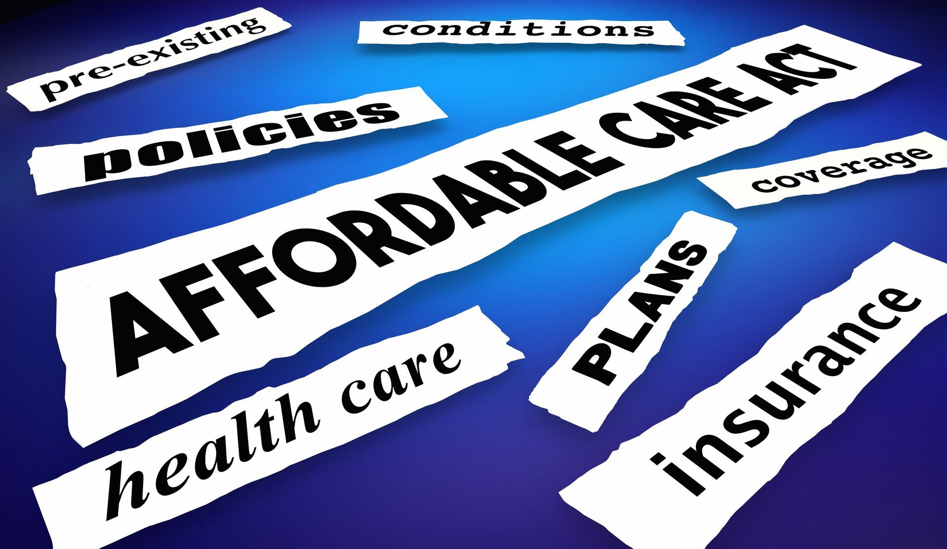 Affordable Care Act in a collage of phrases related to health insurance on a blue background.