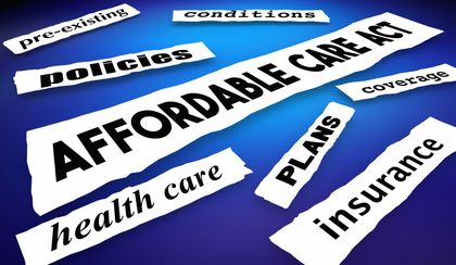 Affordable Care Act in a collage of phrases related to health insurance on a blue background.