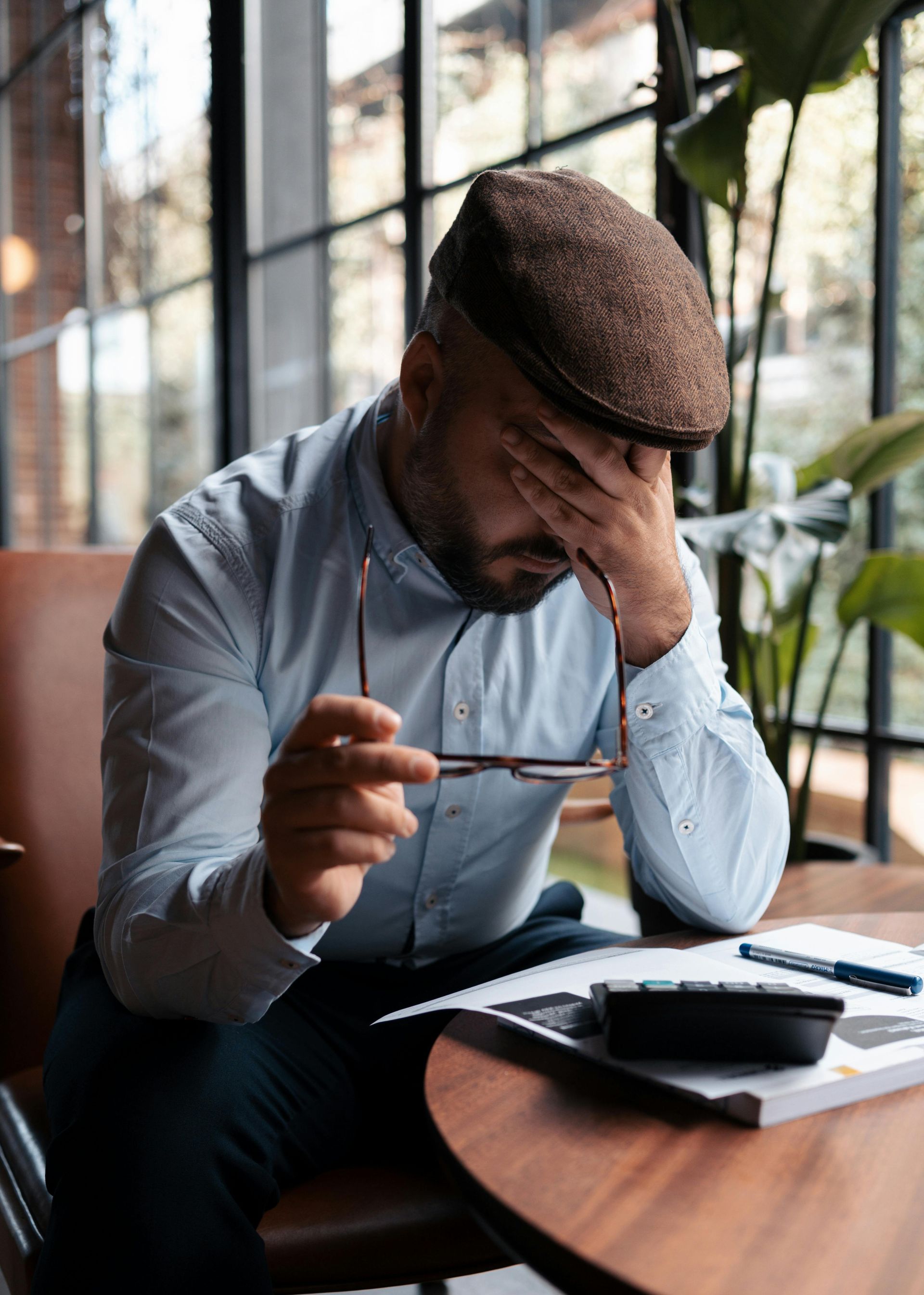 Man with head in hand, wearing hat and glasses, looking stressed at a table with papers and a calculator.