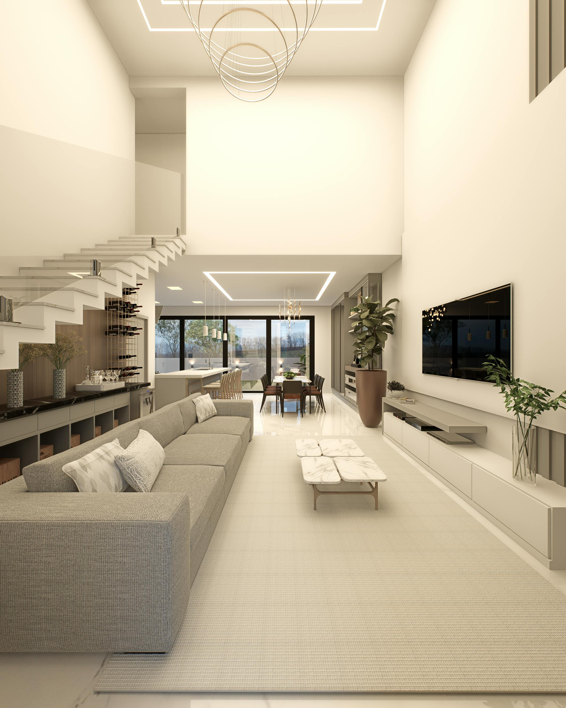 Modern living room with high ceilings, sofa, TV, stairs, and dining area.