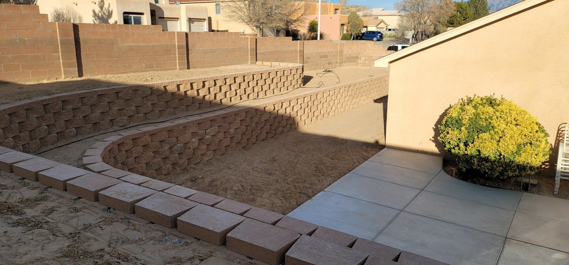 A backyard with a brick wall and a bush in the middle of it.