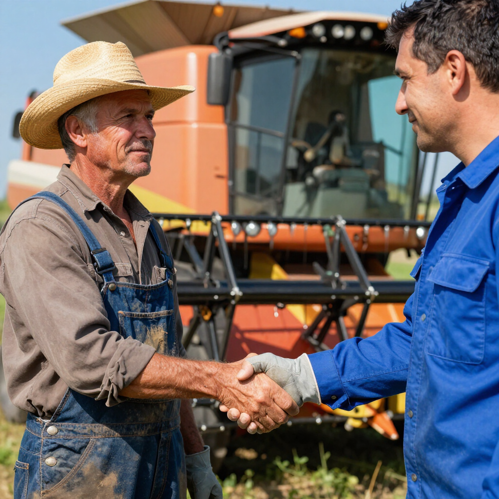 Two farmers in workwear shake hands in a field with a combine harvester in the background.