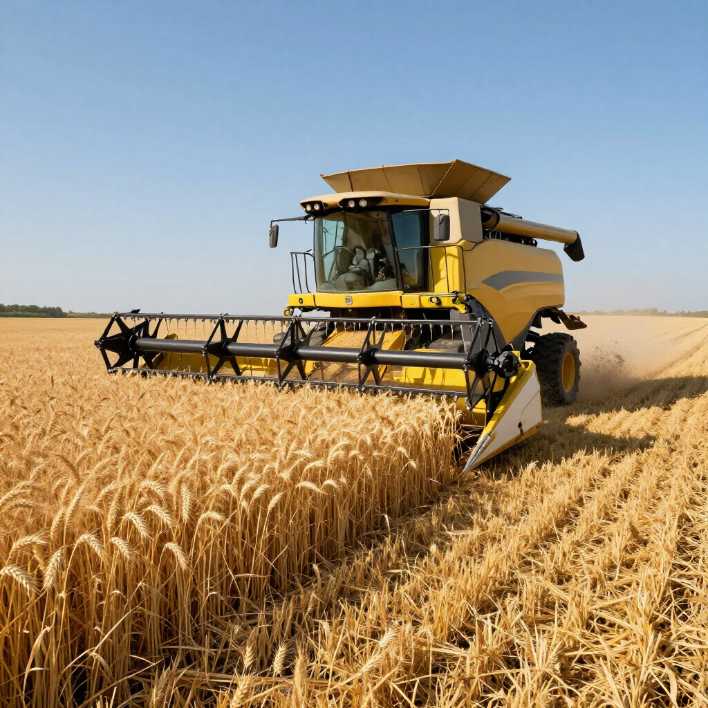 A yellow combine harvester reaping wheat in a vast field under a clear blue sky.